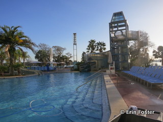 Early morning calm at the Bay Lake Towers pool. 