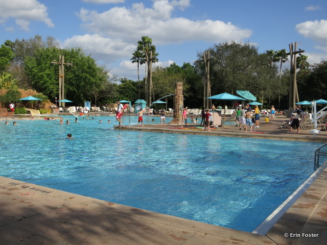 Coronado Springs Dig Site feature pool. Note the water fountain feature and the hula hoop contest on the pool deck. 