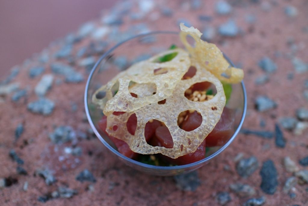 Tuna Poke with Seaweed Salad and Lotus Root Chips
