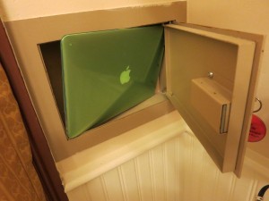 My attempt to get a 13" MacBook air into a safe at Port Orleans Riverside. The laptop did not fit and instead became quite stuck. I spent several panicky minutes trying to extract it. Do NOT try this yourself. 