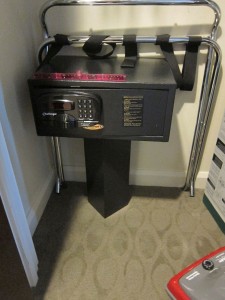 Pedestal style safe at Bay Lake Towers. One foot rule on top gives a sense of the external dimensions. The inside is smaller.