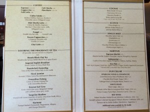 The menu at the Cove Cafe