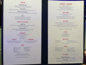 Bar menu at Evolution