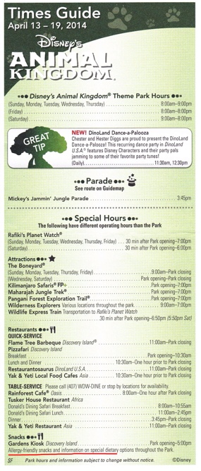 Sample Animal Kingdom Times Guide, front