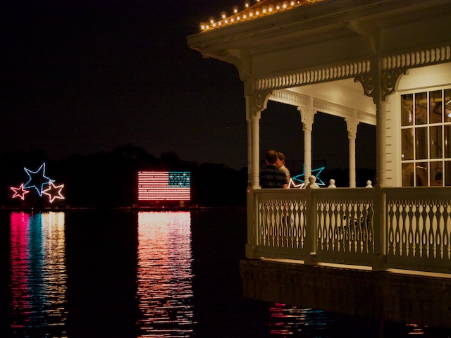 View of Narcoossee’s during the Electrical Water Pageant showing the viewing verandah.