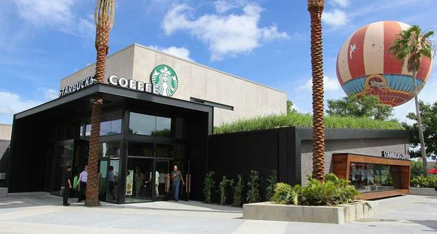Starbucks at the West Side of Downtown Disney is easy to spot, next to the Characters in Flight attraction