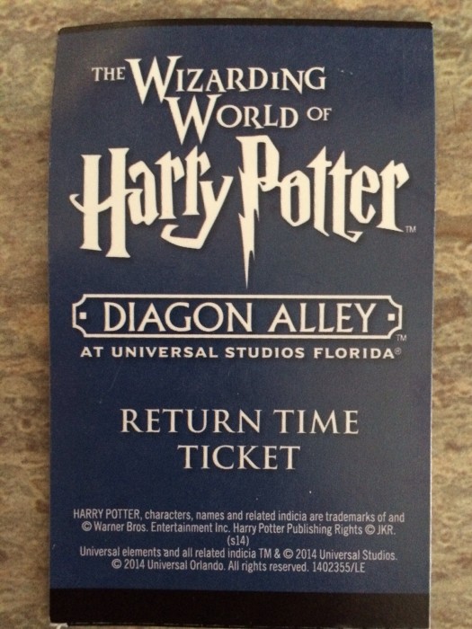 Sample return time ticket for The Wizarding World of Harry Potter. 