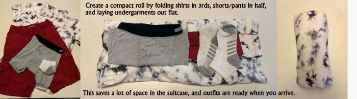 Packing outfits into compact rolls saves space. And creates a fun Tetris-like puzzle when fitting them all in the suitcase. 