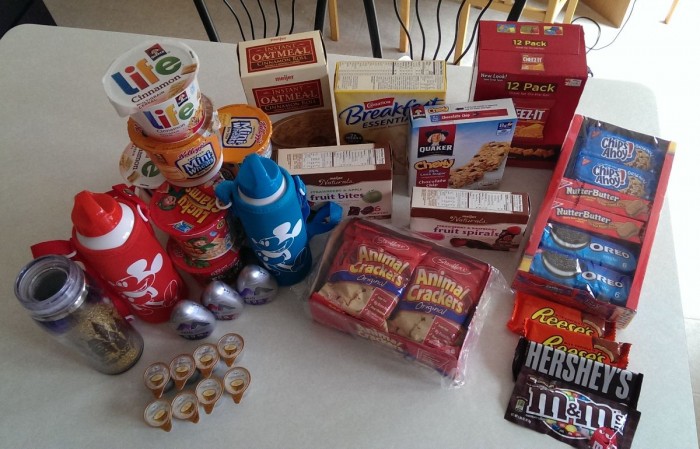 Breakfast and snacks for a week, with packaging (try not to judge the nutritional content - we're on vacation).