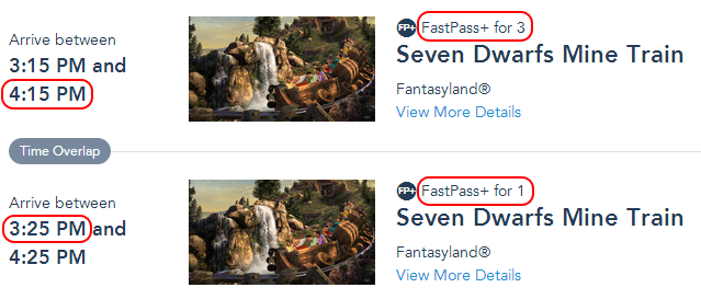 With these overlapping selections, all 4 members of my party can ride Seven Dwarfs Mine Train between 3:25 PM and 4:15 PM