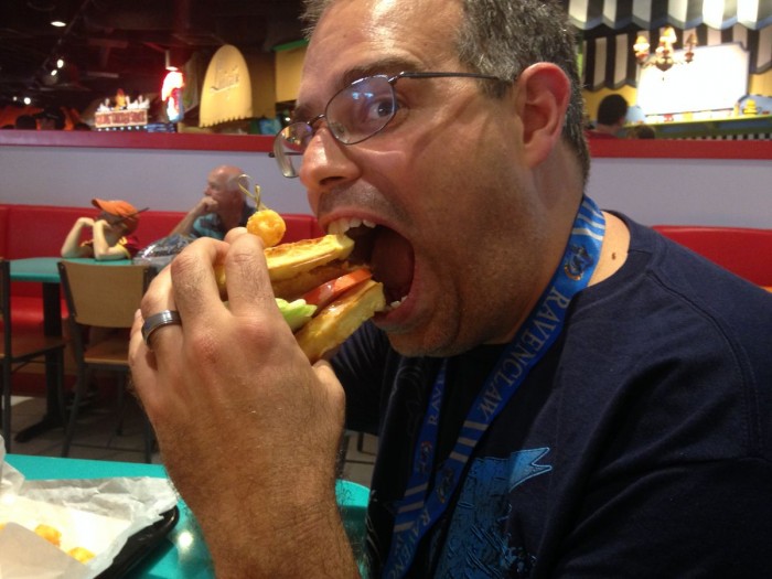 Author enjoys a waffle sandwich in Springfield