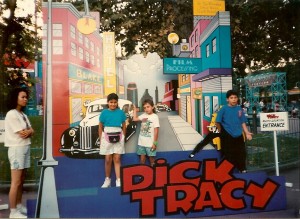 My cousin and me taking a picture in front of the Dick Tracy picture board.