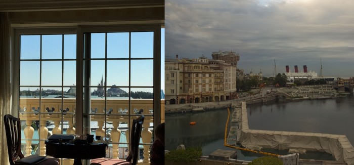 The view from Theme Park View rooms at Tokyo Disneyland Hotel (left) and Hotel MiraCosta (right)