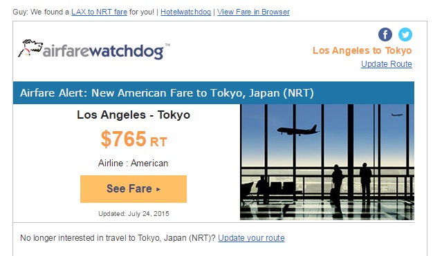 A typical AirfareWatchdog deal email.