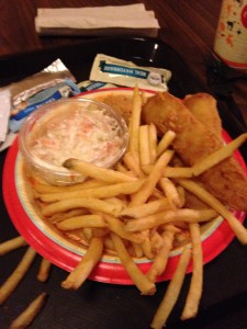 Chicken breast nuggets and Fish with coleslaw and fries