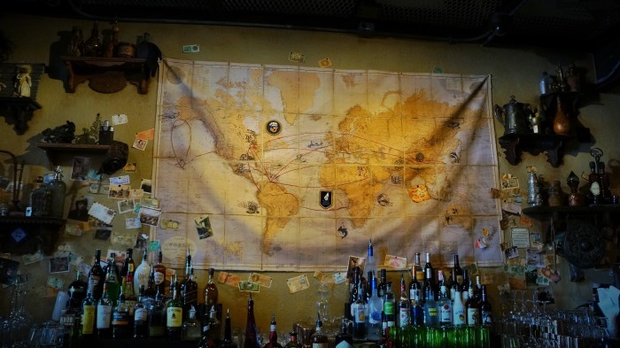 Map behind inside bar that shows the many travels of Indiana Jones throughout the trilogy