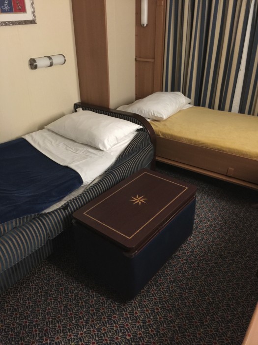 The sofa bed and Murphy bed made up. Stateroom 9502, an 8B, on the Fantasy. 