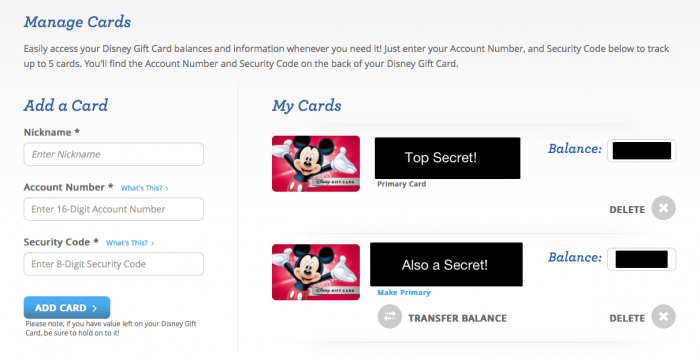 DisneyGiftcard.com - Manage Gift Card Screen