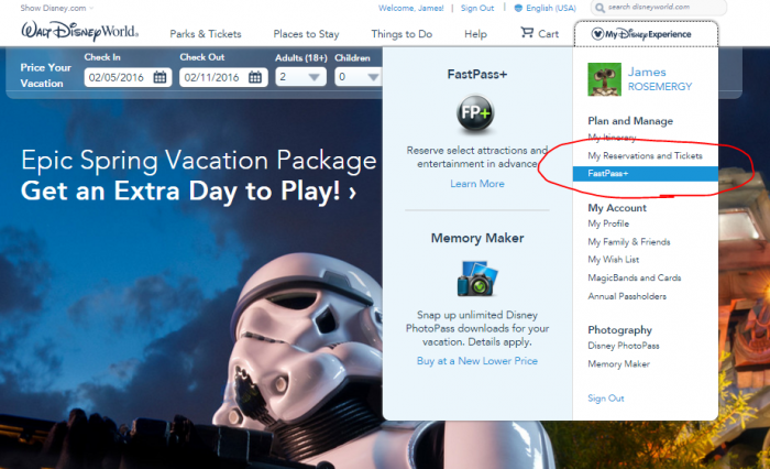 Get started by clicking on "FastPass+" under the drop down menu