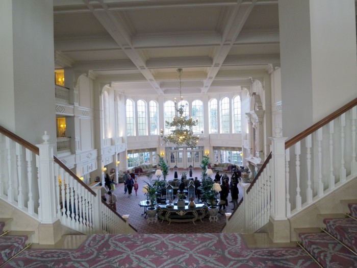 Looking into a busy lobby from the second floor.