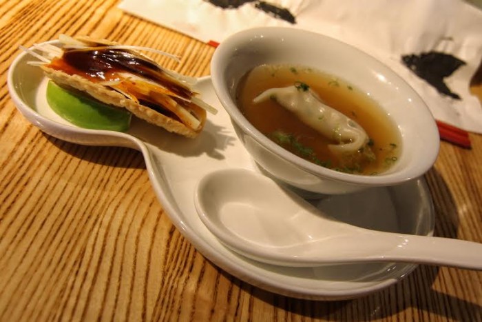 East Meets West dumpling soup and Peking duck taco