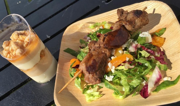 The Chew Collective's Peanut Butter and White Chocolate Mousse (L) and Grilled Beef Skewer (R)
