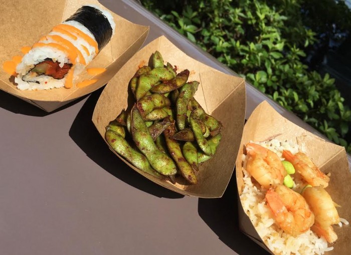 Japan's Spicy Sushi Roll (L), Spicy Grilled Edamame (M), and Garlic Shrimp (R)
