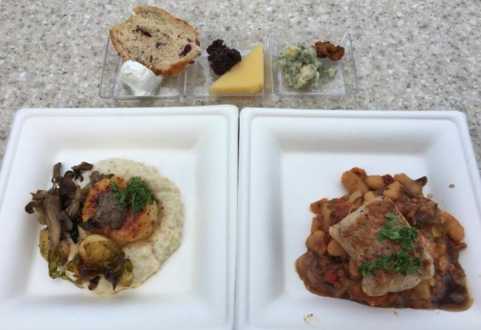 Wine & Dine Studio's Trio of Artisan Cheeses (Top), Seared Scallop with Celery Root Puree (L), and Pork Tenderloin with Cannellini Bean Ragout (R)