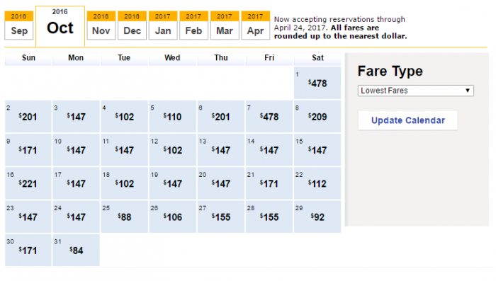 The Low Fare Calendar from Southwest.com shows the lowest fares on each day