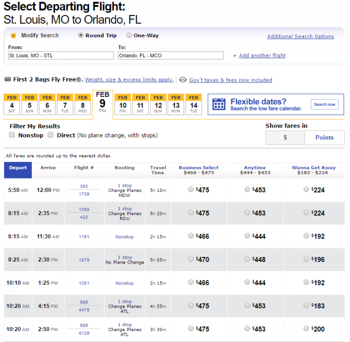 Booking on southwest.com is easy, and provides several options for sorting and comparing flights