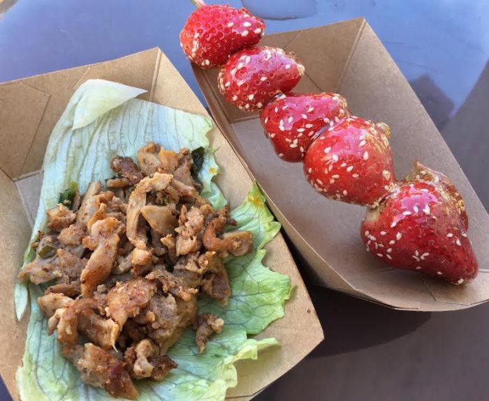 Lotus House: Spicy chicken lettuce wrap (new) and Beijing candied strawberries (returning favorite).