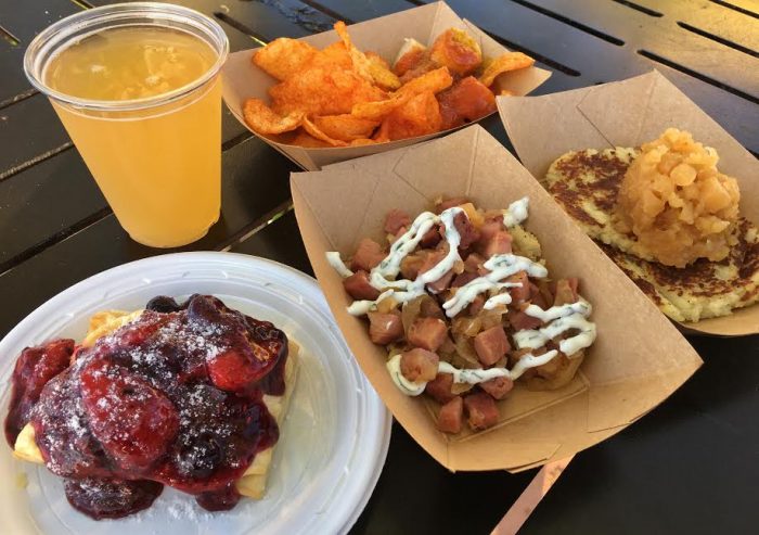 Bauernmarkt (bottom row, L-R): potato pancakes with caramelized ham and onions, warm cheese strudel with berries, potato pancake with house-made applesauce