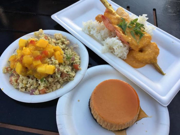 La Isla Fresca: Caribbean conch salad, Sugar cane shrimp skewer (pictured with last year's Flancocho dessert).
