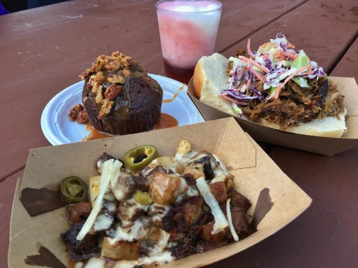 Firefly Blackberry Moonshine with Frozen Lemonade, Pulled Pig Slider, Beef Brisket Burnt Ends, and Warm Chocolate Cake from The Smokehouse