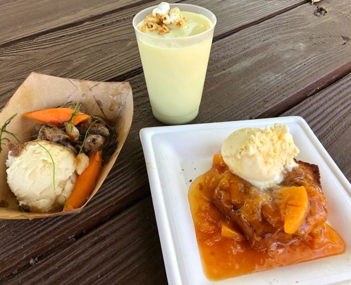 Northern Bloom's beef tenderloin tips, griddled pound cake with peach compote, and maple popcorn shake