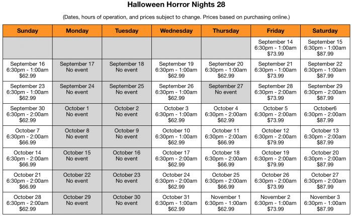 HHN Calendar: Hours and Ticket Prices